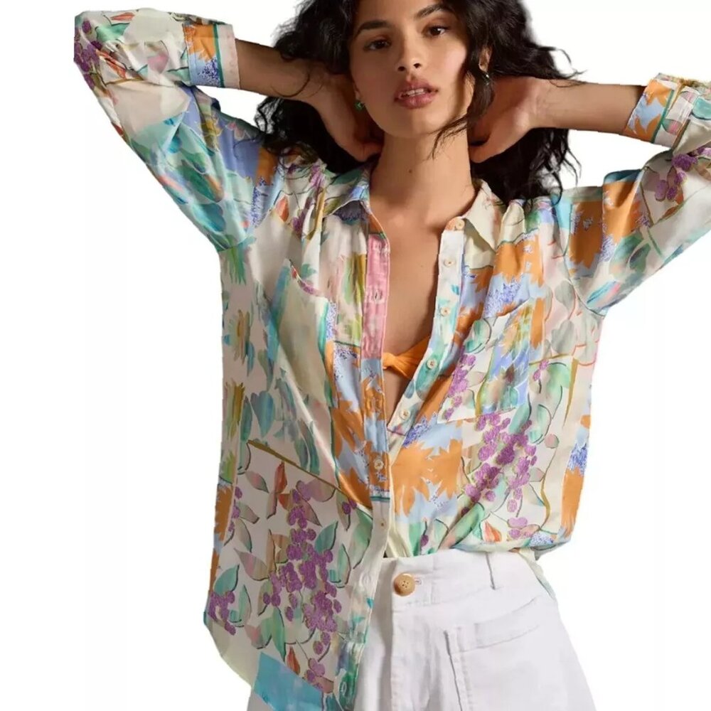 ANTHROPOLOGIE Floral Shirt Medium M Button Front Relaxed Pastel Pockets
